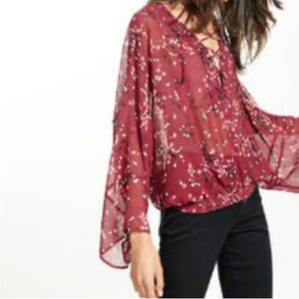 Express Semi Sheer Flowing Relaxed Blouse Smocked Floral Burgundy Size M